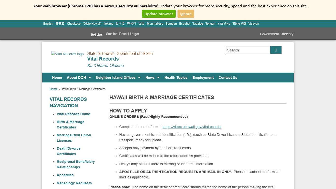 Vital Records Hawaii Birth & Marriage Certificates